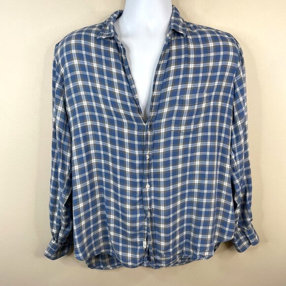 Frank & Eileen "Eileen" Relaxed Button Up Shirt Italian Modal Women M Blue Plaid - Picture 1 of 10